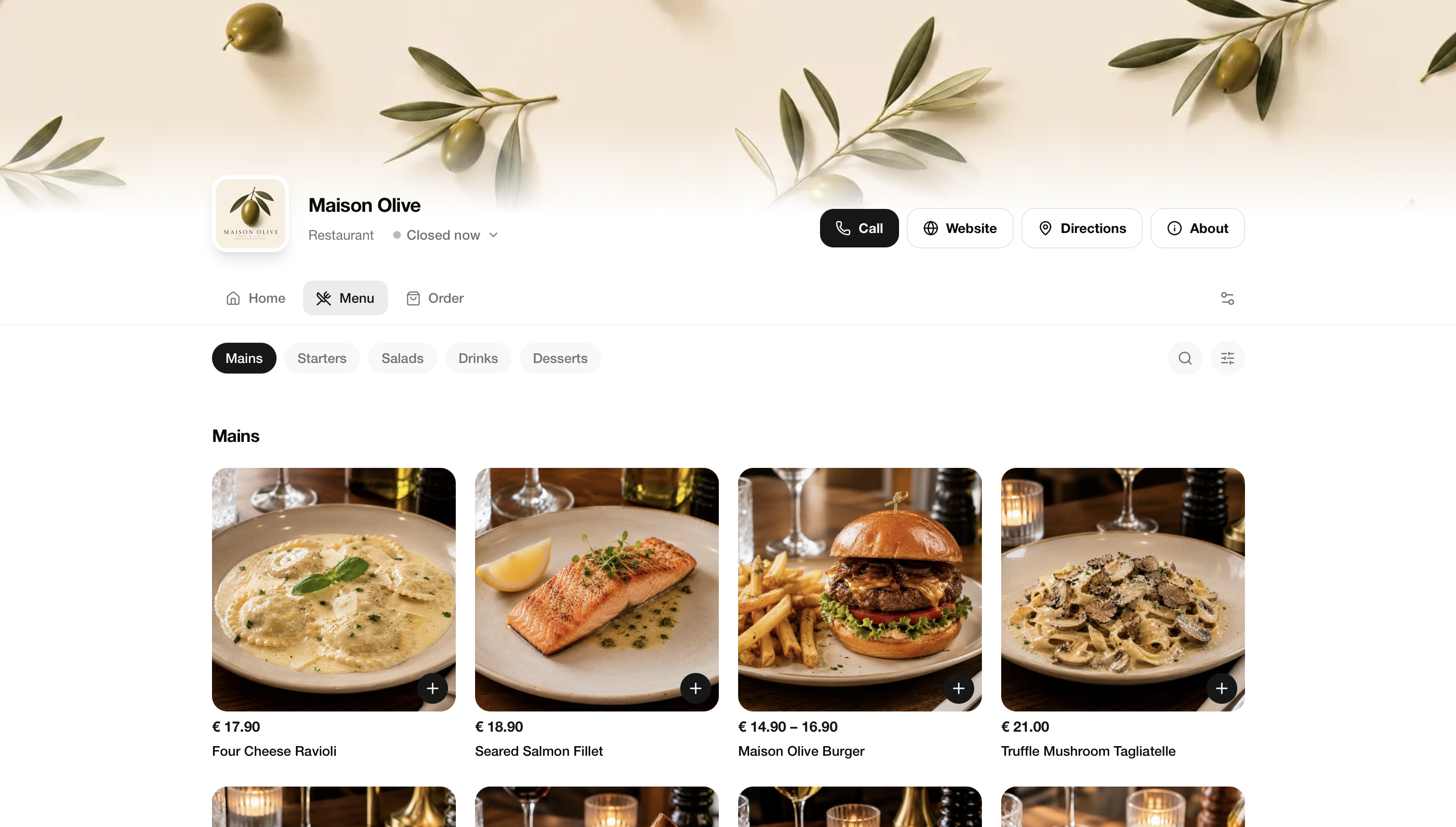 Menu on desktop